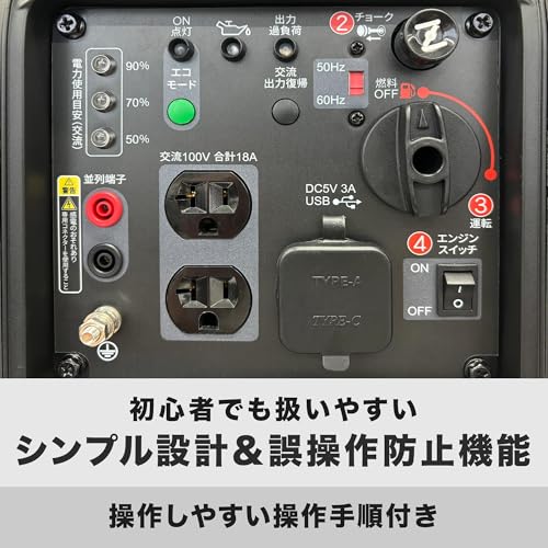 工進(KOSHIN) インバーター発電機 GV-18EC 定格出力1.8kVA 正弦波 防音型 電力消費ランプ 軽量 高出力 静音 家庭用 ガソリン発電機 ポータブル発電機 並列運転 50Hz/60Hz切替 過負荷保護 オイル不足警告 キャンプ DIY キッチンカー 移動販売 イベント 建設作業 災害 USB TYPE-C 11枚目