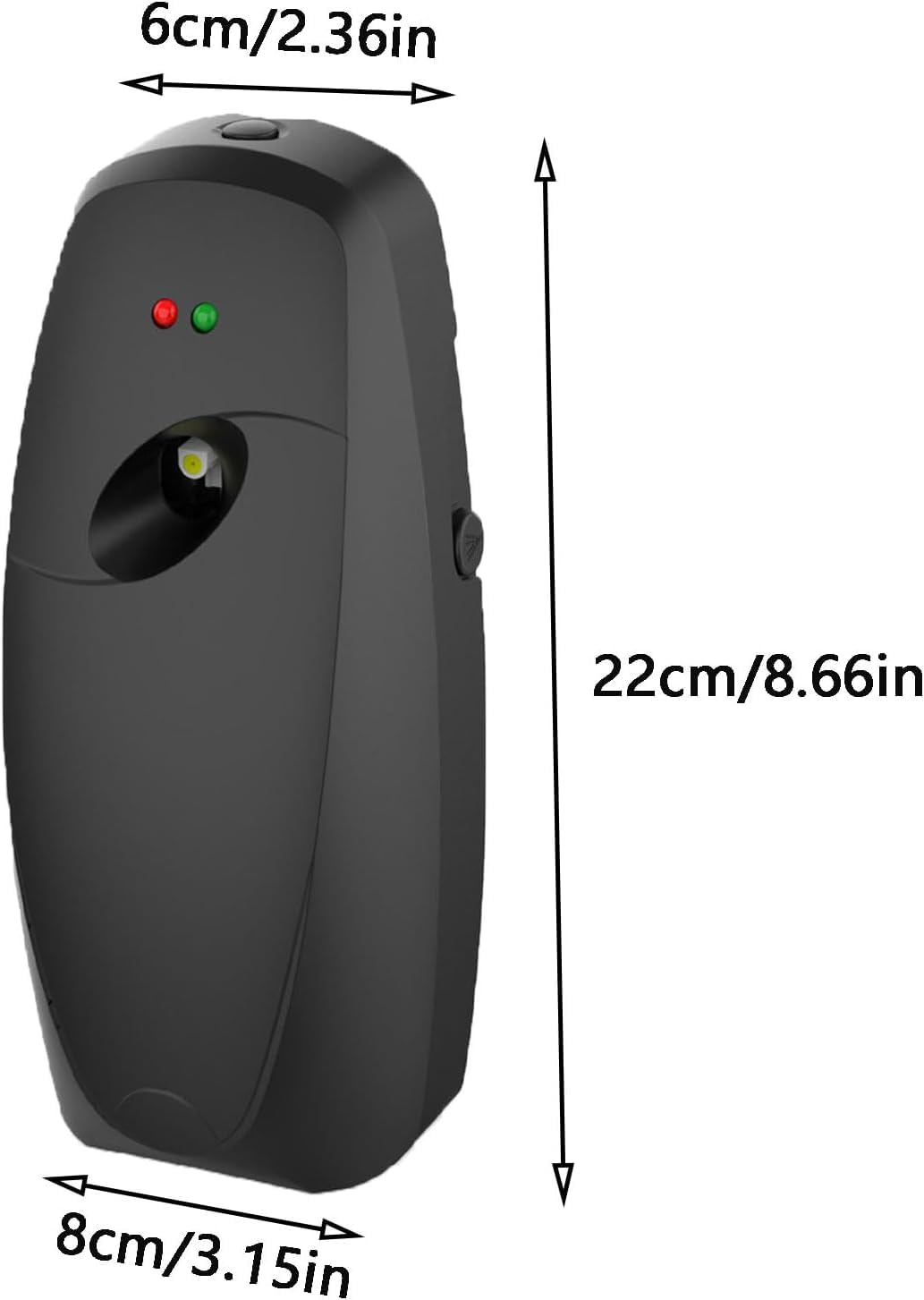 Automatyczny dozownik odświeżacza powietrza, montowany na ścianie lub wolnostojący, regulowany timer, czarny, wysokość 22 cm, zasilany bateriami, kompatybilny ze standardowymi puszkami aerozolowymi