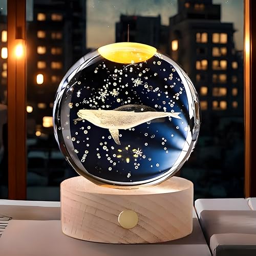 Image of 3D Whale Crystal Night Lamp, Glass Ball Table Lamp with Wooden Base, Perfect for bedrooms, Nurseries and Cozy Corners (Whale)