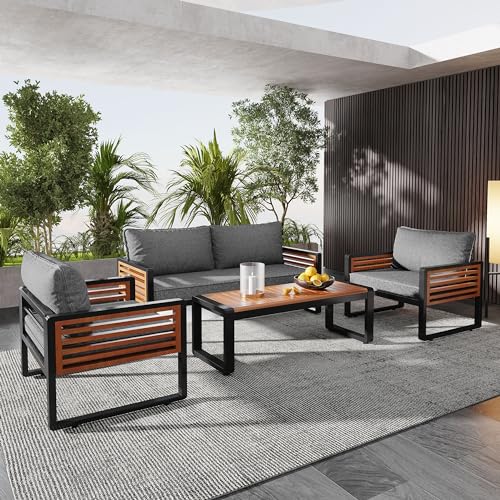 Merax Ensemble de meubles de jardin 4 personnes avec table et coussins, en fer galvanisé, bois d'acacia, salon de jardin, extérieur, pour balcon, terrasse,...