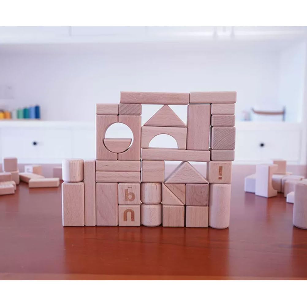 Blocchi da Costruzione in Legno di faggio Naturale Montessori | Blocchi di Legno Grandi Non Verniciati, Giocattolo Sicuro per la Dentizione del Bambino con Forme di Alfabeto e Numeri