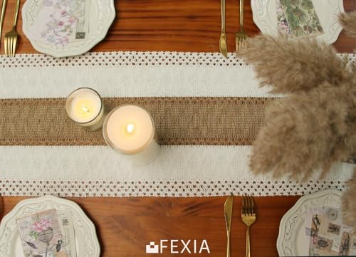 Image of FEXIA Boho Table Runner for Summer Home Coffee Decor with Tassels 48 Inches Long Farmhouse Rustic Table Cloth Cream & Brown Macrame for Kitchen Dining Bedroom Decor Bridal Shower (12x48 Inches)
