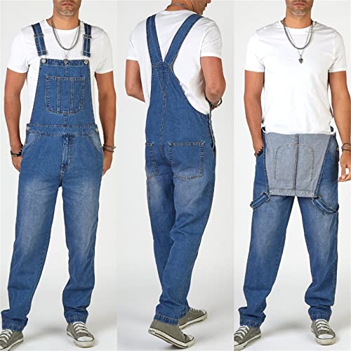 WSLCN Macacão jeans masculino com suspensório e ajuste regular, Azul, XG
