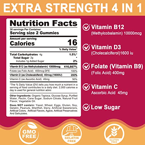 Vitamin B12 10000 Mcg (Methyl B12) Gummies With Vitamin D3, B9 Vitamin Folate, Vitamin C, For Energy Metabolism, Mood Boost, Nervous System Health, Strong Bones, Immune Support, Low Sugar, 120 Count #TOP1