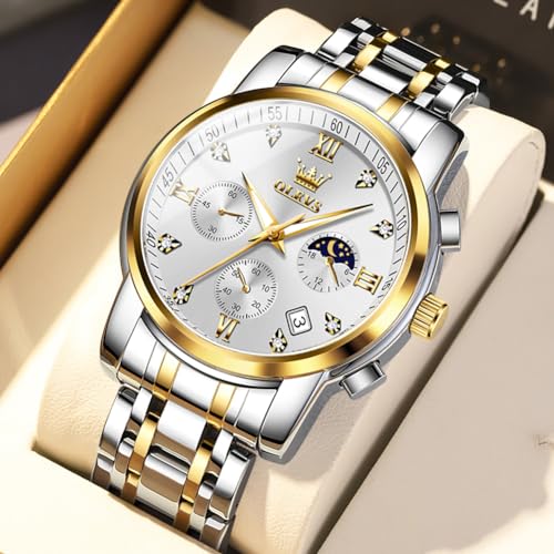 Image of OLEVS Mens Watches Chronograph Luxury Dress Moon Phase Stainless Steel Male Wrist Watch