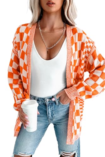 Womens Checkered Cardigan Sweaters Open Front Plaid Drop Shoulder Knit Casual 2025 Trendy Fall Winter Outerwear Coat