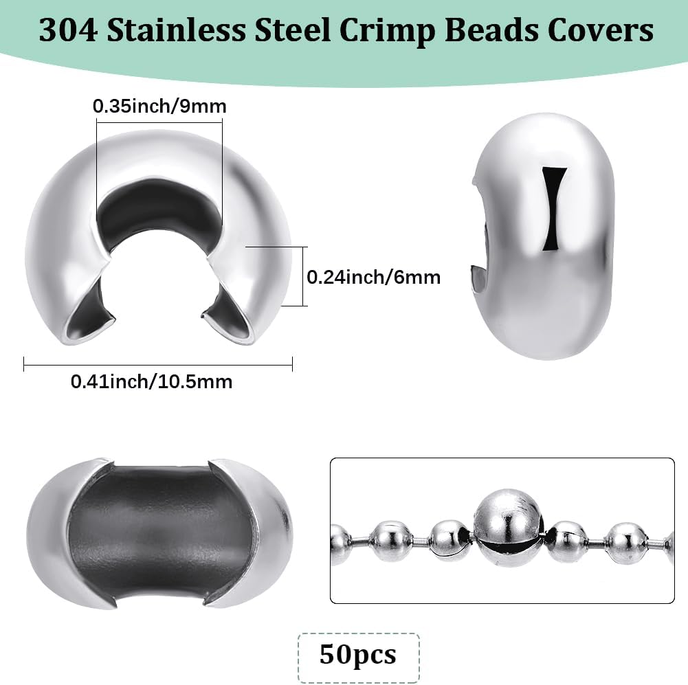 Beebeecraft 1 Box 50Pcs 304 Stainless Steel Crimp Beads Covers 9mm Open Half Round Crimp Bead Knot Cover Small Beads for Jewelry Craft Making - Image 2