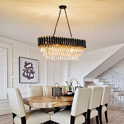 Akdxirun Modern Crystal Chandeliers For Dining Room 8-Light Black And Gold Chandelier Living Room Oval Contemporary Ceiling Hanging Light Pendant Light Fixture For Kitchen Island Bar L32 Inch #TOP2