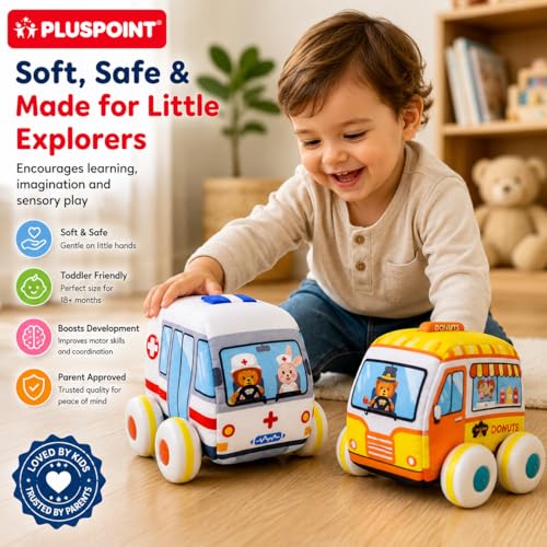 Image of PLUSPOINT Soft Pull Back Vehicle Set of 2 - Plush Baby Toy Cars with Ambulance & Donut Car Design, Soft Washable Pull Back Toys for Babies & Toddlers 2+ Years