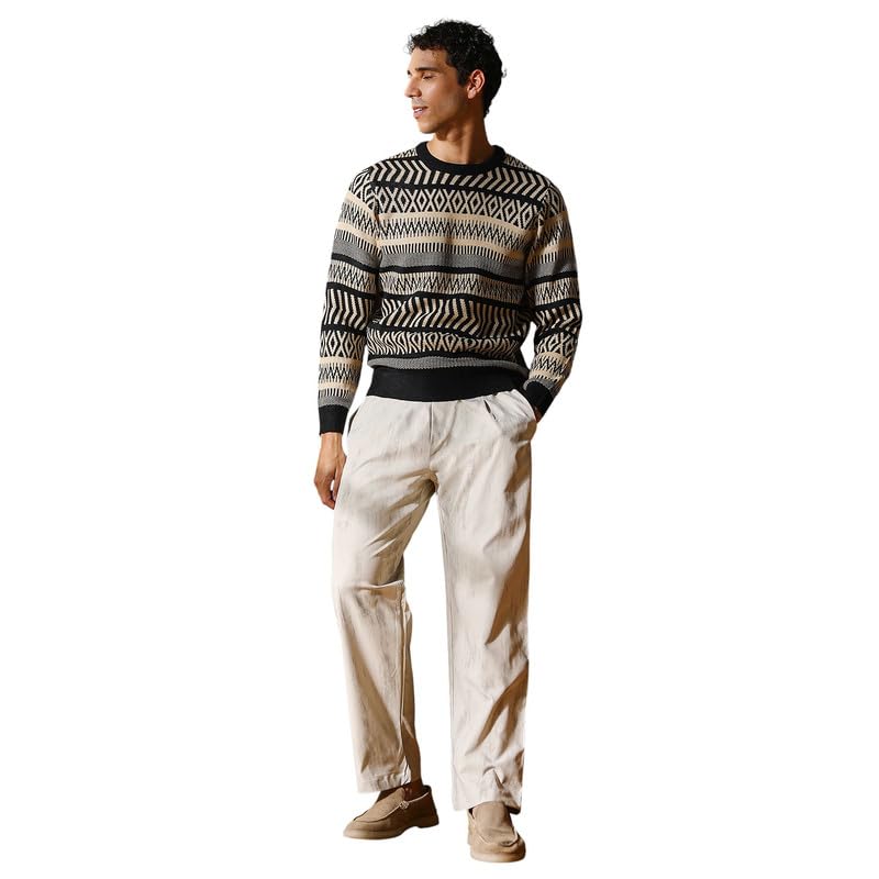 Men Sweater | Hem | Jacquard | Knitted Fabric for Wear | Saltbox Beige:Obsidian Black-image-31