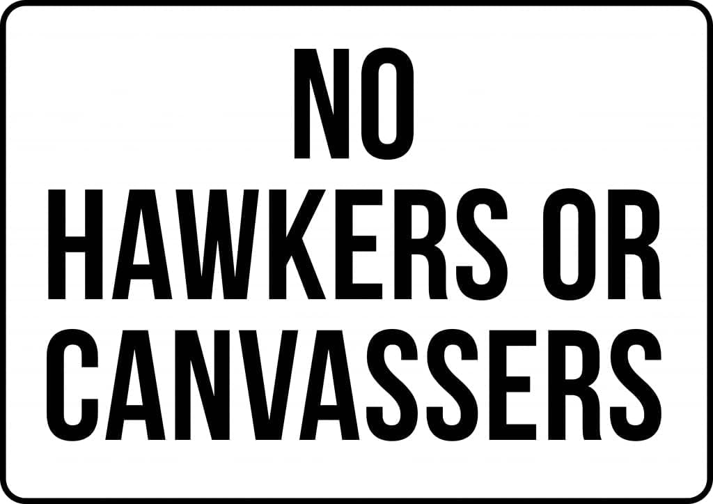 No Hawkers Or Canvassers Allowed (Landscape No Entry) Rust Free Aluminum Tin Sign - Warning Decor with Pre-Drilled Holes for Indoor-Outdoor Residential Area, Commercial Premises - 8x12 Inch​