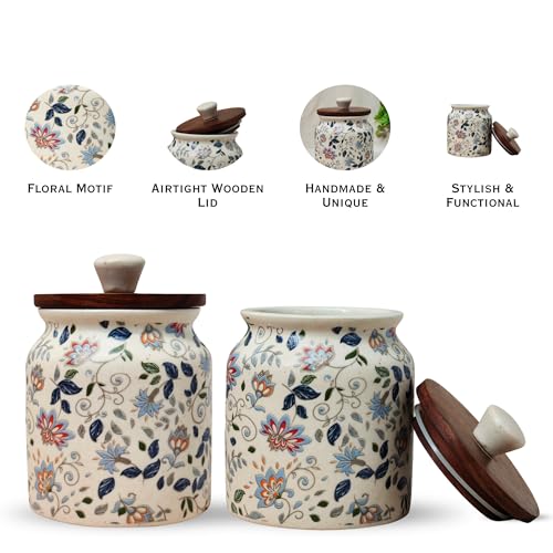 Image of Vistas 'Blue Bloom' Airtight 420ml Set of 3 Ceramic Jar for Kitchen Storage | Handcrafted Ceramic Barni with Wooden Lid | Multipurpose Pickle, Spice & Salt Container