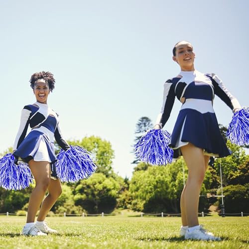 36PCS Cheerleading Pom Poms Metallic Foil Plastic Pom Poms with Baton Handle for Game Sports Squads Dancing Party Football Basketball Club Spirit Sports Stage Performance Celebration (Blue and White)