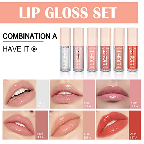Cahiuyoa Light 6Pcs Lip Gloss Set,Nude Pink Lip Gloss Kit Shine Glossy And Moisturizing,Lip Plumping Pack Bulk Liquid Lipstick For Women Girls-Set A #TOP1
