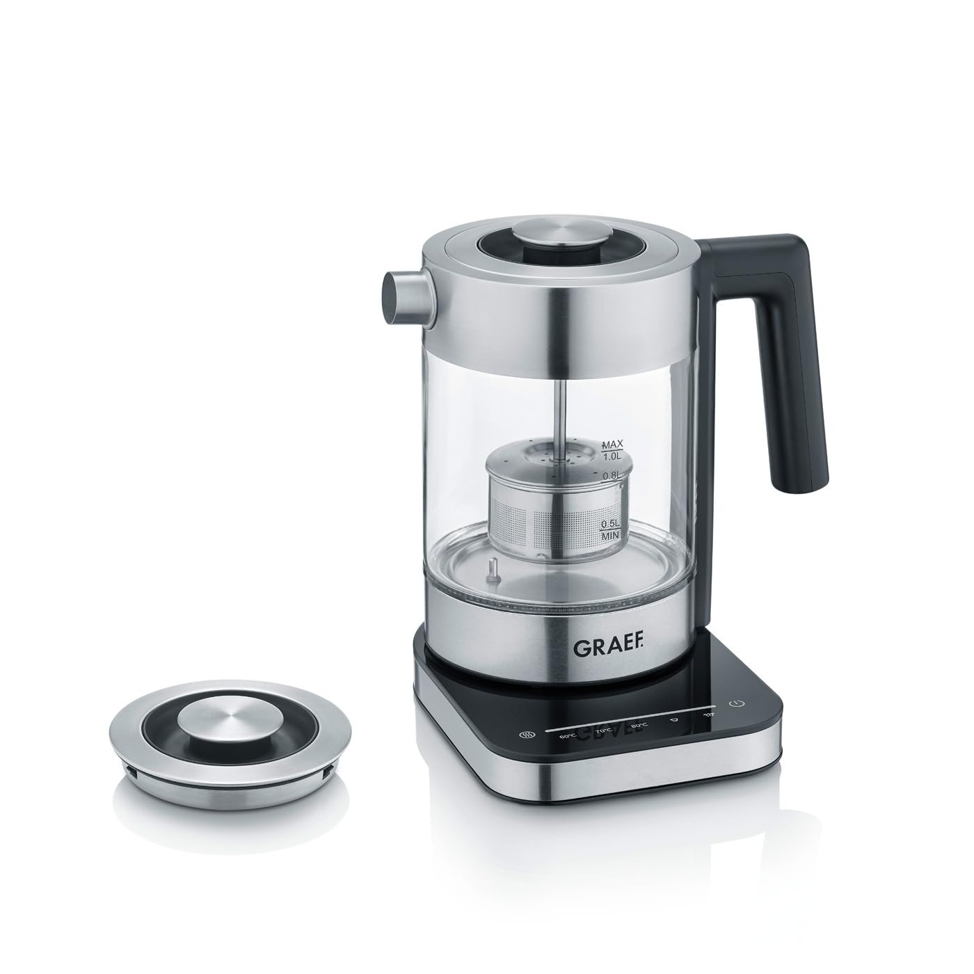 GRAEF Glaswasserkocher WK350 - Wasserkocher 1 Liter, Hochwertiges Design, SCHOTT DURAN Glas, Edelstahl, Temperatureinstellung, Teesieb, LED-Beleuchtung, 360° Basis, Warmhaltefunktion, 2200 Watt