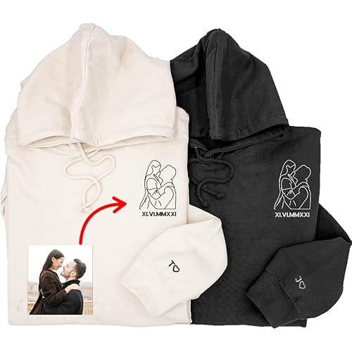 GODMERCH Custom Embroidered Hoodie Design Your Own, Custom Outline Photo Hoodie, Couple Matching Hoodies, Gifts For Girlfriend Boyfriend Anniversary Valentine Christmas