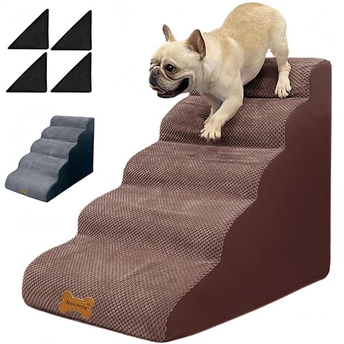 Dog Stairs & Pet Ramp for Small/Large Dogs to High Beds/Couches - 5 Steps 24-inch Height for 18-30 inch Furniture, 2 Washable Covers (Brown, Grey), Non-Slip Balanced 33D Design for Old Dogs & Cats