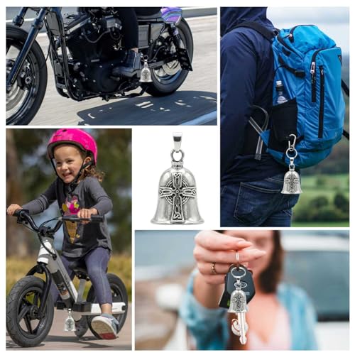 Image of Motorcycle Bell Guardian Angel - Good Luck Gremlin Charm Gift With Gift Box, Legend Card, Keychain And Hanger For Rider Men Kids Friends & Weather-resistant Bells For Bike Car Bicycle (Irish Cross)