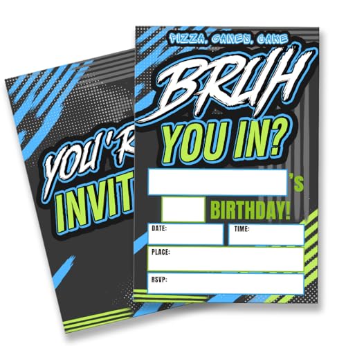 QZJ Bruh Birthday Invitation Supplies with Envelopes Set of 20 Birthday Invitations for Boys Teens Fill in Blank Double Sided