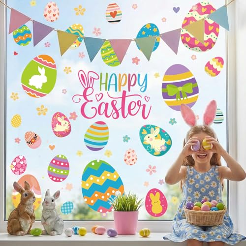 Image of 9 Sheets Easter Window Clings for Glass Windows Easter Decorations for Home | Easter Eggs Window Stickers, Happy Easter Decor for Parties, Bunny Rabbit Spring Summer Decals for Home, Office, Classroom