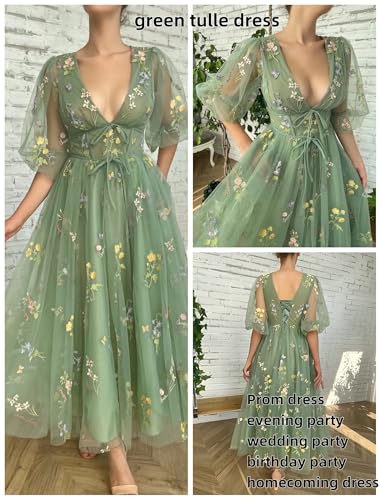 Image of Women's Puffy Sleeve Prom Dresses Fair Flower Embroidery Tulle Green Formal Evening Party Gowns