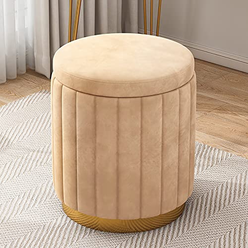 Taburete de tocador de terciopelo caqui con almacenamiento, redondo, cómodo reposapiés tapizado, silla de maquillaje para dormitorio, decoración de habitación de niñas, 34 x 34 x 44 cm