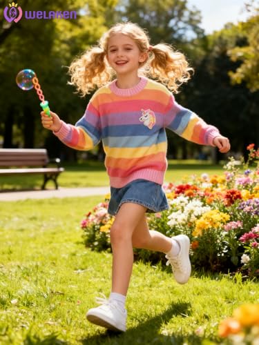 Image of WELAKEN Girls Sweater Colorful Patterned Crewneck Long Sleeve Knit Pullover