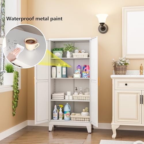 Image of White Metal Storage Cabinet, 48 inch Steel Cabinets for Home Office | Kitchen Pantry Storage Cabinet with Doors and 3 Adjustable Shelves, for Office, Home, Garage, School