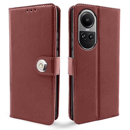 Image of Pikkme Oppo Reno 10 Pro 5G Flip Cover Leather Finish | Inside TPU with Card Pockets | Wallet Stand and Shock Proof | Complete Protection Button Flip Case (Brown)