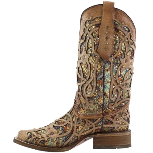 Corral Brown Bone Multicolor Inlay and Studs Square Toe Womens Boots C34054