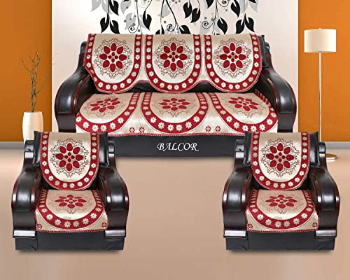 Image of Cotton 6 PCs Design DECAN Sofa Cover Set of 5 Seater(3+1+1)-Maroon