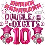 10th Birthday Decorations for Girls Hot Pink Double Digits 10th Birthday Party Balloons Banner Cake Topper Hang Swirl
