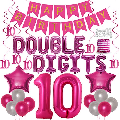 10th Birthday Decorations for Girls Hot Pink Double Digits 10th Birthday Party Balloons Banner Cake Topper Hang Swirl