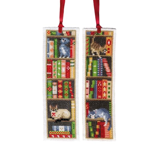 Image of Vervaco Bookmark Counted Cross Stitch kit Cats in Bookshelf Set of 3, 6x20cm, DIY