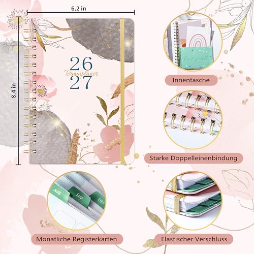 Terminplaner 2026 2027 - Kalender 2026 2027 von August 2026 bis Juli 2027, Wochenplaner A5 mit Innentasche, Elastischer Verschluss, A5 Terminkalender Buchkalender, Limonade Rose