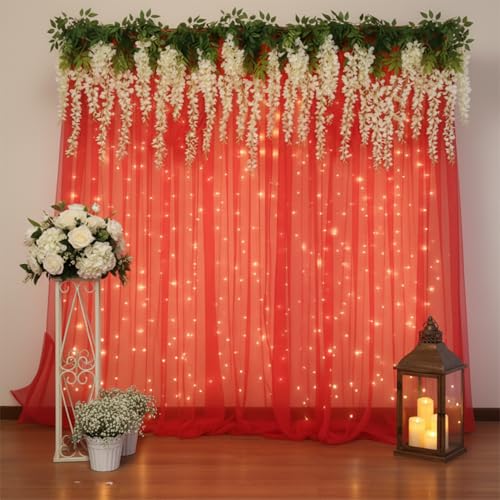 Image of Party Propz Red Backdrop Decoration with Artificial Ivory Wisteria Flower- 8 Pcs, Backdrop Cloth for Decoration Pooja, Pooja Background Decorations Items, Wedding and Haldi Decorations (Satin Mix)