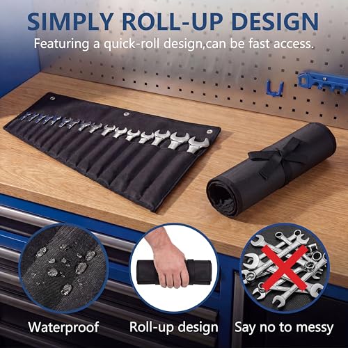 Image of Wrench Roll Up Pouch, 16-Pocket Heavy Duty Tool Roll Up Bag | Sturdy Waterproof Oxford Fabric, 3 Rings, for Wrenches, Screwdrivers, Hand Tools Storage, Portable Organizer for Mechanics