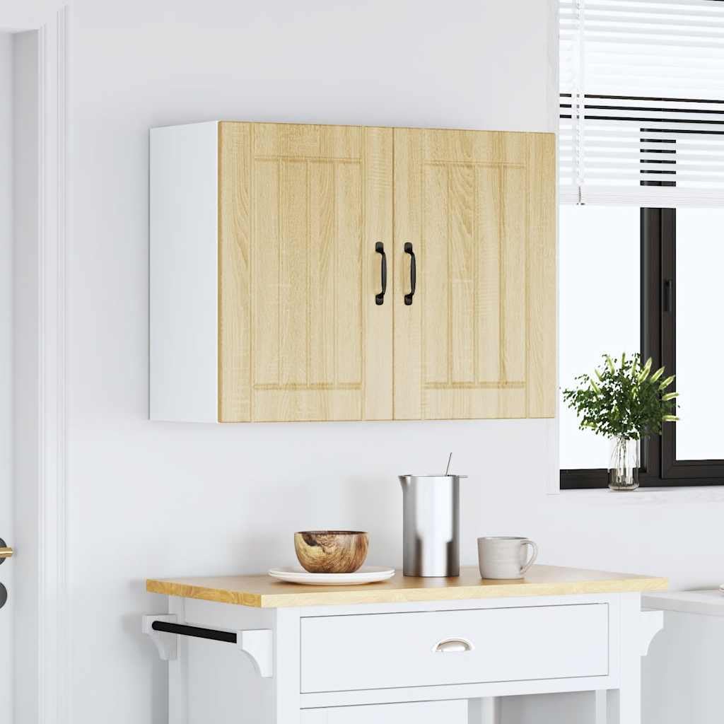 Küchen-Hängeschrank Lucca Sonoma-Eiche, Holzwerkstoff, 80x31x60cm, 70kg Traglast, mit Glastüren, wandmontiertes Küchenschrank-System für Geschirr und Kochutensilien
