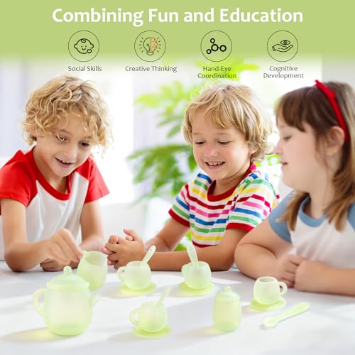 Image of MCGMITT Tea Party Set for Toddler 3-5, 15PCS Silicone Tea Set Kids Tea Set, Includes Teapot, 4 Tea Cups and Coasters, Creamer, Sugar Bowl, 4 Spoons, Kitchen Pretend Play for Little Girls Boys Age 3-6