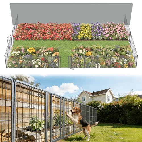 Image of FXW Garden Fence Outdoor for the Yard - 32in(H) x 54.7ft(L) Heavy Duty Metal Animal Barrier for Dog, No Dig Decorative Dog Fence, 24 Panels, Silver