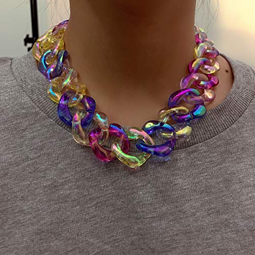 Xerling Colorful Rainbow Acrylic Link Chain Necklace Punk Chunky Boho Iridescent Necklace for Women Teen Girls Multi-Colored Curb Chain Choker for Party Modern Necklace
