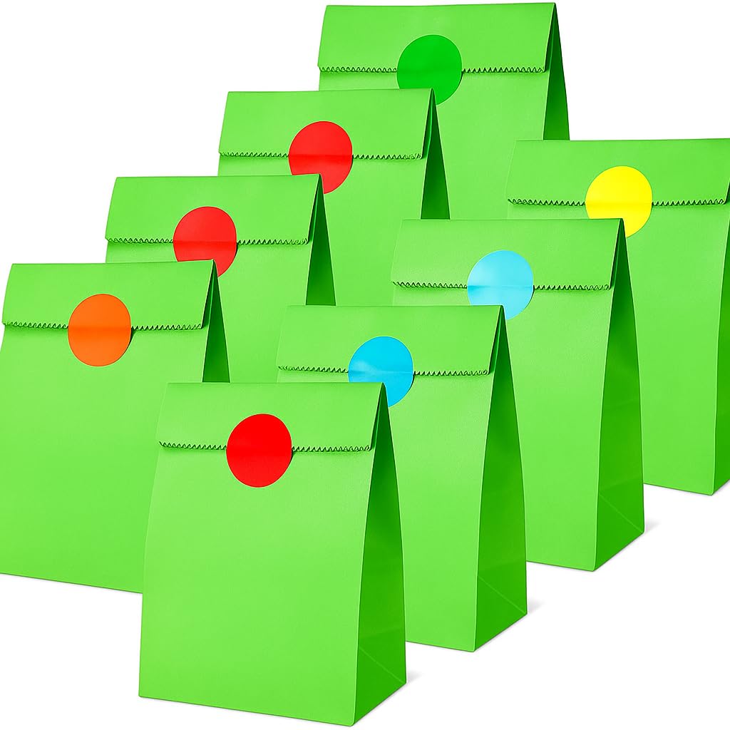 Thepaperbagstore 25 Lime Green Paper Party Bags + 25 Colour Dot Stickers, Kids Party, Gift, Craft and Sweet Bags โ 140x245x70mm