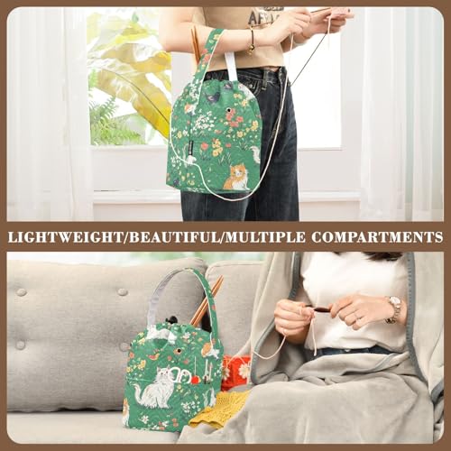 Image of Tatenale Crochet Bag Yarn Bag Knitting Project Bag with Pockets and Handle Portable Yarn Storage Organizer Tangle Free 8.3x11 InchGreen Persian Cat and Hummingbird in Spring39