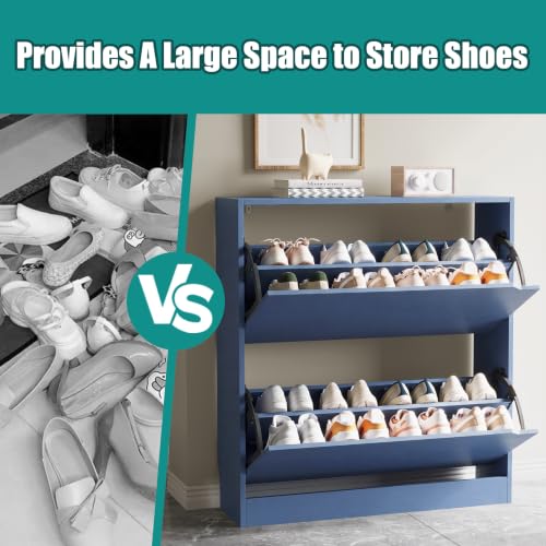 Image of Xixini Shoe Storage Cabinet for Entryway with 2 Flip Drawers, Wood Freestanding Hidden Shoe Storage, Narrow Slim Sturdy Shoe Organizer for Front Door Entrance, Living Room, Hallway, Bedroom, Blue