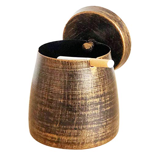 Metal Ashtray with Lid,Ashtray for Cigarette,Ash Holder for Smoker,Windproof Rainproof Ash Tray for Outdoor Indoor Use,Desktop Ash Can,Retro Copper