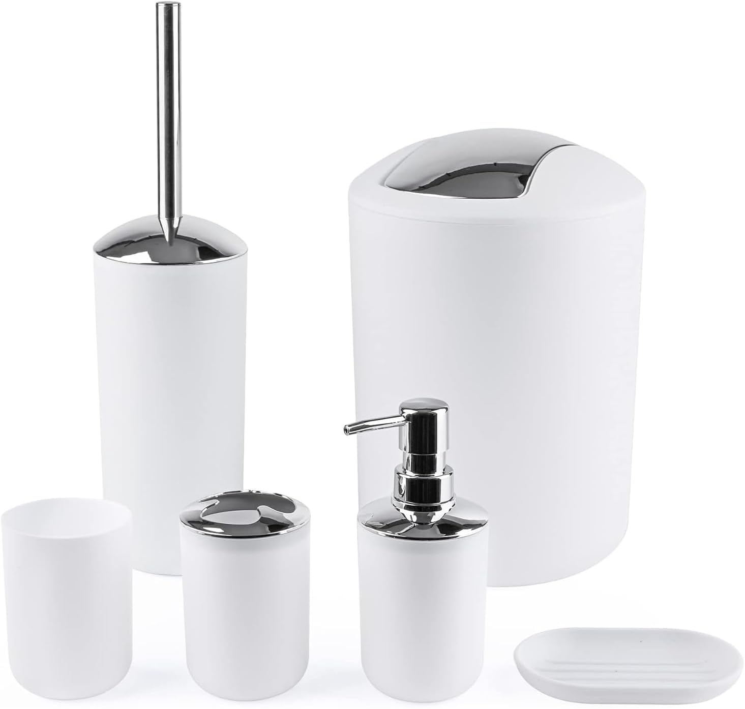 Aputue 6 Piece Bathroom Accessories Sets, Trash Can, Tray, Soap Dispenser, Toilet Brush, Plastic Gift Bath Set with Soap Dish, Bathroom Sets for Housewarming Gift, Lotion Set Tumbler Cup (White)