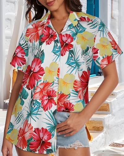 Image of Women Hawaiian Shirt Button Down Summer Tops Beach Short Sleeve Blouse