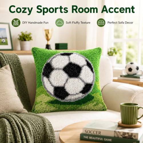 Image of clubevy DIY Latch Hook Kits Pillow Case Embroidery Carpet Set Needlework Pillow Cover Sofa Cushion Cover Craft Kits 17x17 inch (4158football)