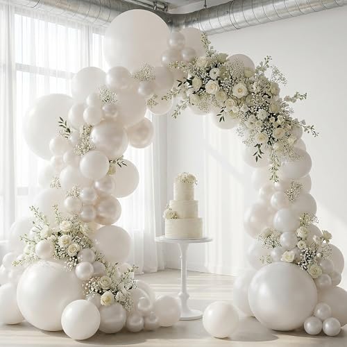Image of RUBFAC 135pcs Pearl White Balloons, Latex Balloon Different Sizes 18 12 10 5 Inch for Garland Arch Wedding Engagement Anniversary Bridal Baby Shower Birthday Party Decoration