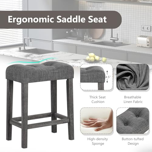 Image of Giantex 24 inch Bar Stools Set of 2, Backless Counter Height Saddle Bar Stools w /Padded Seat, Solid Rubber Wood Legs, Farmhouse Linen Fabric Upholstered Barstools for Kitchen Counter Island, Cafe, Grey